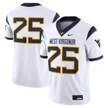 Front and back of the white Nike WVU football jersey with West Virginia over 25 on the front, 25 on the back, and a navy Flying WV on each sleeve
