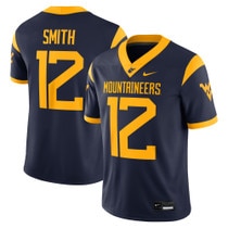 Front and back of the navy Geno Smith #12 Nike WVU football jersey with Mountaineers over 12 on the front, Smith over 12 on the back, and a gold Flying WV on both sleeves
