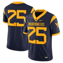 Front and back of the navy Nike WVU football jersey with Mountaineers over 25 on the front, 25 on the back, and a Flying WV on each sleeve
