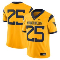 Front and back of the gold Nike WVU football jersey with Mountaineers over 25 on the front, 25 on the back, and a Flying WV on each sleeve