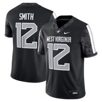 Front and back of the black Geno Smith #12 Nike WVU coal rush football jersey with West Virginia over 12 on the front, Smith over 12 on the back, and a white and grey stripes on the sleeves
