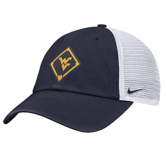 Navy Nike WVU trucker hat with navy front panels, white mesh back panels, and a Baseball diamond icon with the Flying WV Logo embroidery on front panels