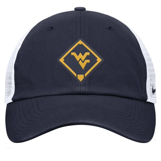 Navy Nike WVU trucker hat with navy front panels, white mesh back panels, and a Baseball diamond icon with the Flying WV Logo embroidery on front panels