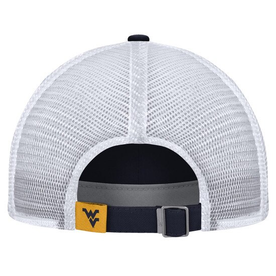 Back of the Navy Nike WVU trucker hat with navy front panels, white mesh back panels, showing the slide buckle adjustable closure with a gold woven label with the Flying WV Logo at back closure