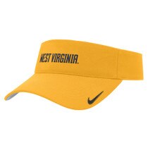Gold WVU Nike visor with West Virginia in navy across the front
