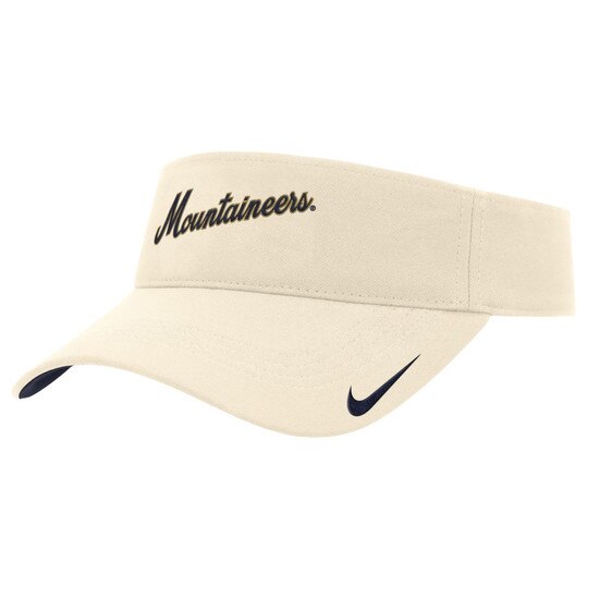 Natural Nike WVU visor with Mountaineers baseball script embroidery on front and a Nike swoosh on the bill