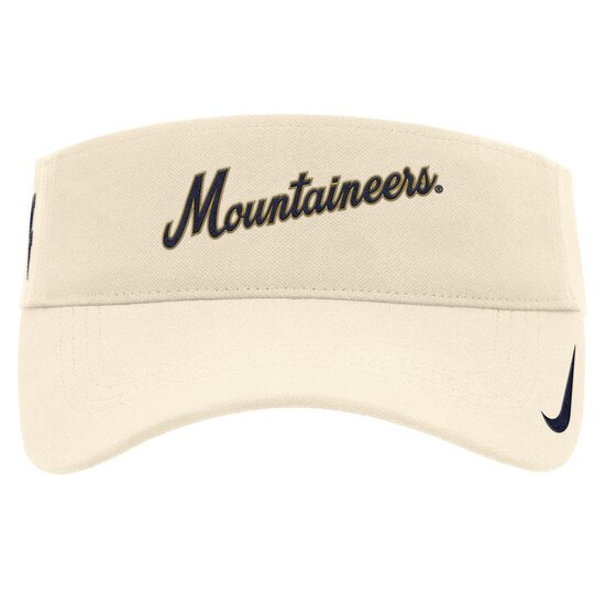Natural Nike WVU visor with Mountaineers baseball script embroidery on front