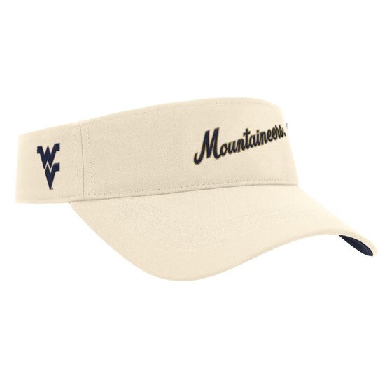 Natural Nike WVU visor with Mountaineers baseball script embroidery on front and a Flying WV Logo embroidery on right side
