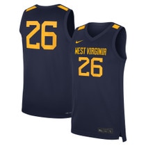 Front and back of the navy Nike WVU 2026 basketball jersey with West Virginia over 26 on the front and a large 26 on the back