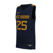 Front of the navy WVU youth basketball jersey with West Virginia over 25 full front screen print