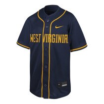 Navy Nike WVU youth replica baseball jersey with gold accent taping along the sleeves and button holes and West Virginia across the front in gold