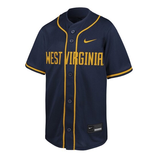 Navy Nike WVU youth replica baseball jersey with gold accent taping along the sleeves and button holes and West Virginia across the front in gold