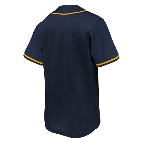 Back of the navy Nike WVU youth replica baseball jersey with gold accent taping along the sleeves and neck