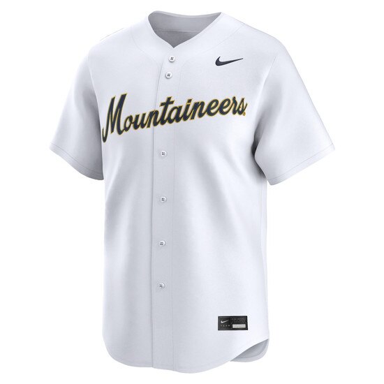 White Nike WVU baseball jersey with full chest ultrastitch heat applied sublimated twill Mountaineers verbiage