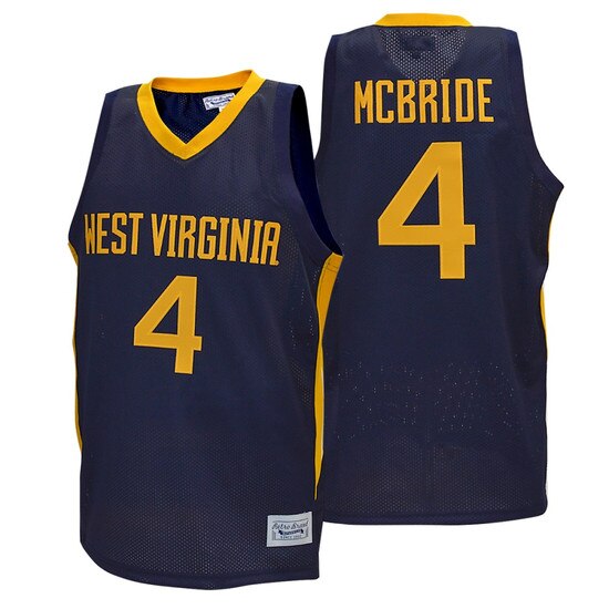 Front and back of the navy WVU #4 Deuce McBride basketball jersey with West Virginia over a number 4 on the front and McBride over a number 4 on the back
