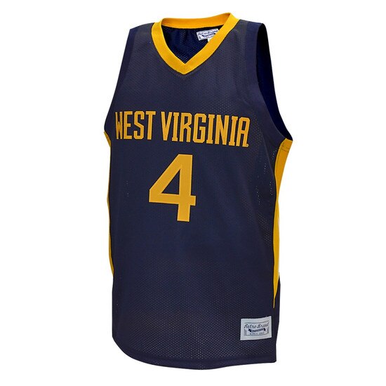 Front of the navy WVU #4 Deuce McBride basketball jersey with West Virginia over a number 4 on the front