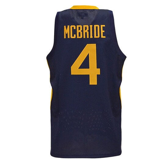 Back of the navy WVU #4 Deuce McBride basketball jersey with McBride over a number 4 on the back