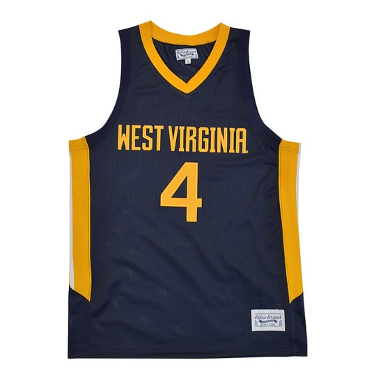 Flat lay of the front of the navy WVU #4 Deuce McBride basketball jersey with West Virginia over a number 4 on the front