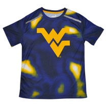 Navy WVU youth tee with a large full front gold Flying WV graphic