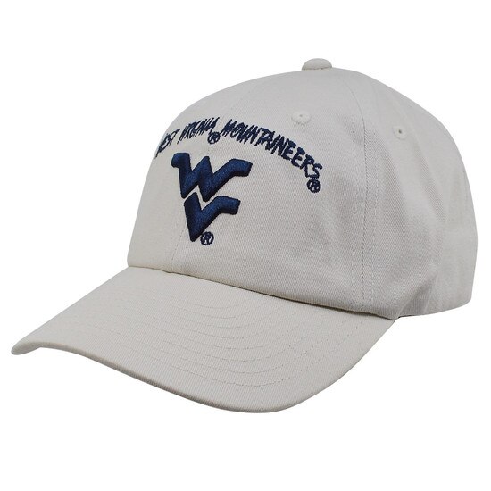 Grey WVU youth hat with West Virginia Mountaineers arched over the a Flying WV embroidered in navy on the front panel