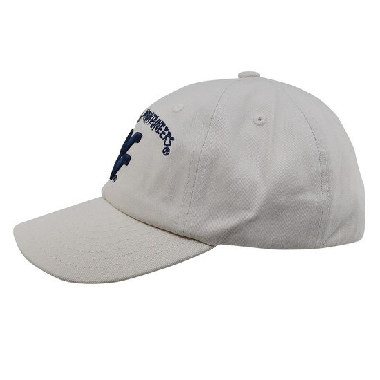 Side of the Grey WVU youth hat with West Virginia Mountaineers arched over the a Flying WV embroidered in navy on the front panel