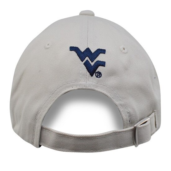 Back of the grey WVU youth hat with a slide buckle closure with a navy Flying WV embroidered over the closure
