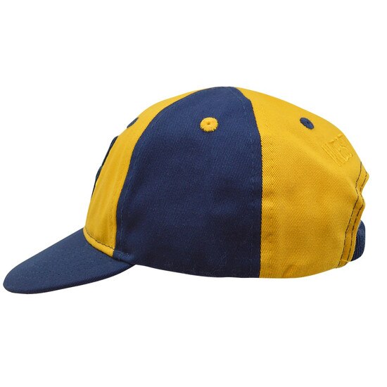 Side of teh Navy and gold WVU infant hat with gold and navy color-blocked body and navy bill