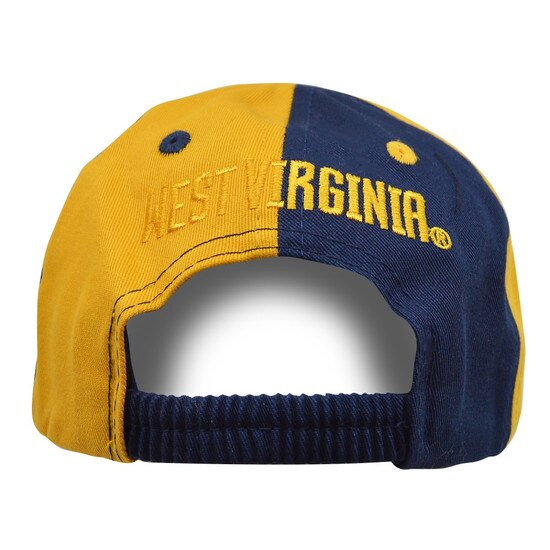 Back of the Navy and gold WVU infant hat with gold and navy color-blocked body showing the elastic back and West Virginia embroidered in gold
