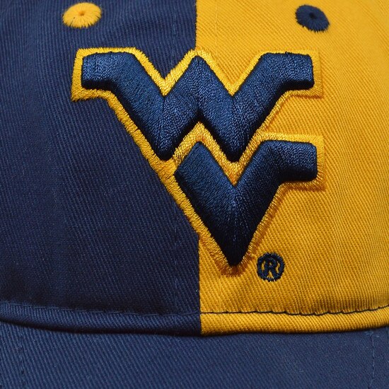Close up of the navy with gold outline raised Flying WV embroidered on the front panels of the navy and gold WVU infant hat