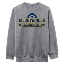 Heather grey WVU marching band crew sweatshirt with the Flying WV Logo over Mountaineer over Marching Band full front screen print