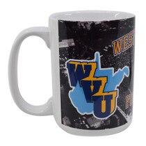White WVU mug with a sublimated panoramic of the old WVU Football Stadium with the 1965 Throwback Logo