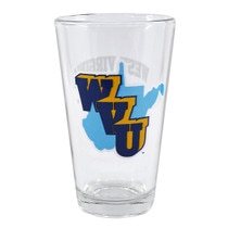 Clear WVU pint glass with the 1965 Throwback Logo on one side