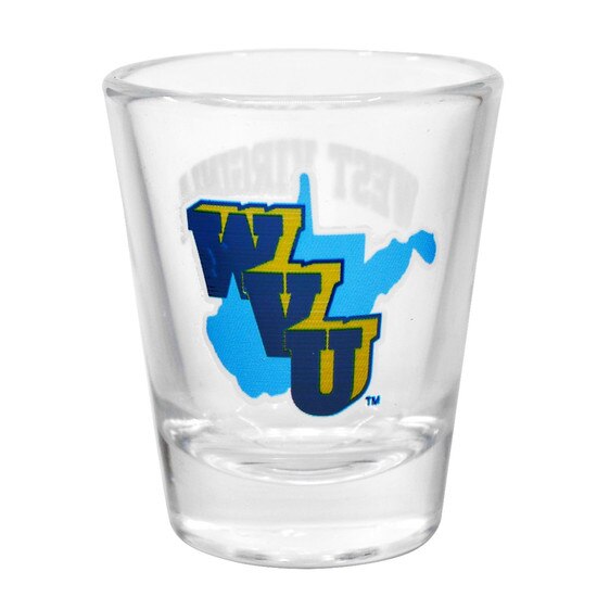 Clear WVU shot glass with the 1965 Throwback Logo on one side