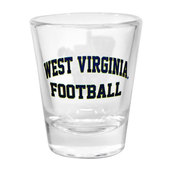 Clear WVU shot glass with West Virginia Football print on one side