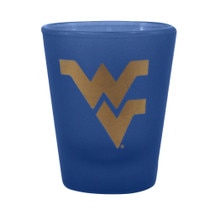 Cobalt blue WVU shot glass featuring the Flying WV on iridescent gold on the front and back