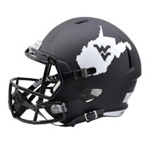 Left side of the black Coal Rush WVU speed replica helmet with a white state of West Virginia featuring a black Flying WV inside