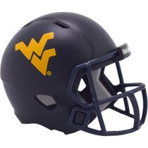 Navy WVU pocket football helmet with a gold Flying WV on each side