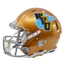 Left side of the old gold WVU throwback authentic speed helmet with the 1965 WVU throwback logo on the side