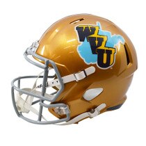 Left side view of Riddell WVU 1965 Throwback Logo metallic replica helmet