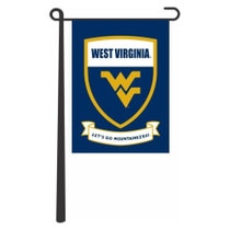 Navy WVU garden flag with a WVU shield design in the center over Let's Go Mountaineers in a ribbon design
