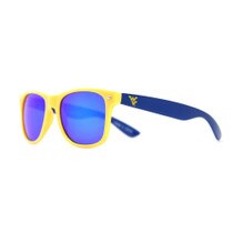Side view of the gold and navy WVU sunglasses with navy tinted lenses and a gold Flying WV on the arms
