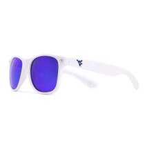 Side view of the white WVU sunglasses with navy tinted lenses and a navy Flying WV on the arms