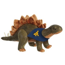 Stegosaurus WVU plushie wearing a navy bandana featuring a gold Flying WV