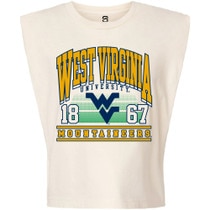 Cream colored muscle tank with "West Virginia" arched over "1867" and the Flying WV. Below is "Mountaineers".