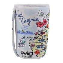 Swig 22-ounce West Virginia Iced Cup Coolie showing the handle to the left and the left side of the state of West Virginia