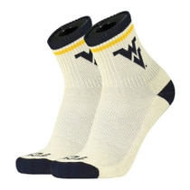 Pair of off white WVU quarter socks with navy toe and heel, navy and gold stripe at top of cuff with a navy Flying WV below the stripes