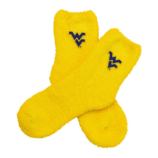 Gold WVU fuzzy socks with a navy embroidered Flying WV near the top