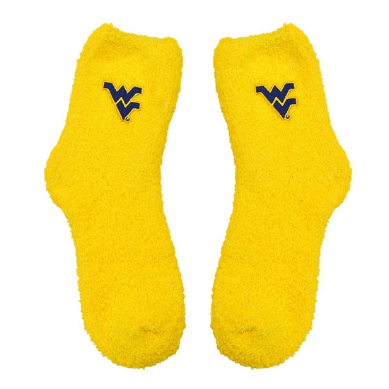 Gold WVU fuzzy socks with a navy embroidered Flying WV near the top