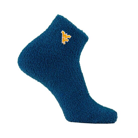 Navy WVU fuzzy socks with a gold embroidered Flying WV near the top