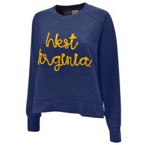 Navy women's pullover crew with West Virginia in metallic gold rope yarn embroidery